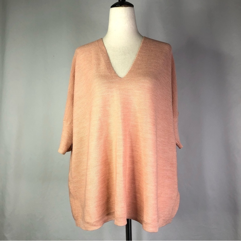 Eileen Fisher sweater short sleeve v-neck pink lightweight 100% merino wool M